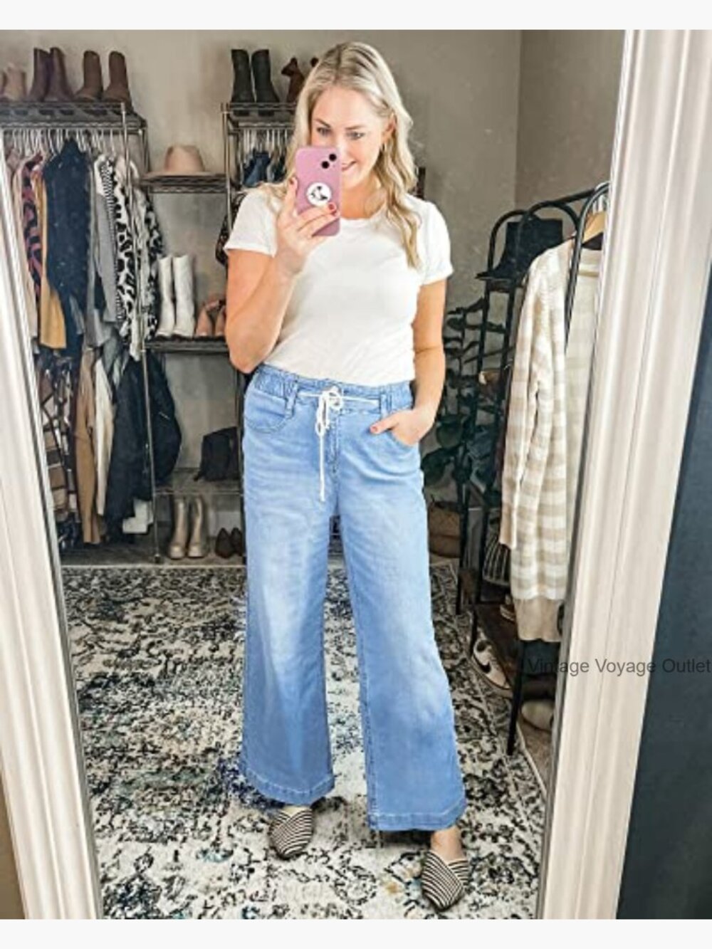 High Waisted Wide Leg Bell Bottom Y2K Stretch Jeans Baggy Pants - Picture 4 of 7